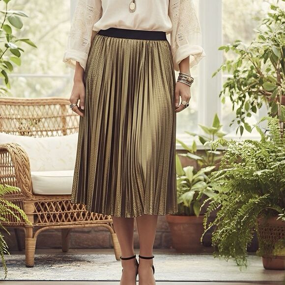 Time And Tru Womens Skirt Sz Large Sz 12-14 Midi Metallic Pleated Fall Autumn - Picture 2 of 10